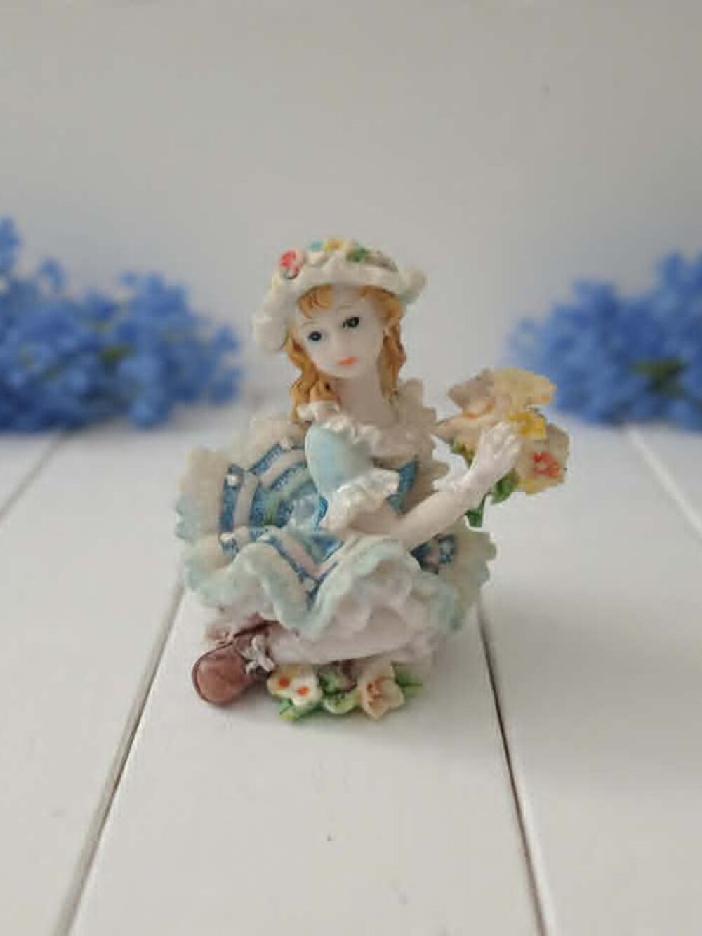 Dresden-Style Porcelain Figurine Girl in Blue Lace Dress with Flowers | 4" x 3"